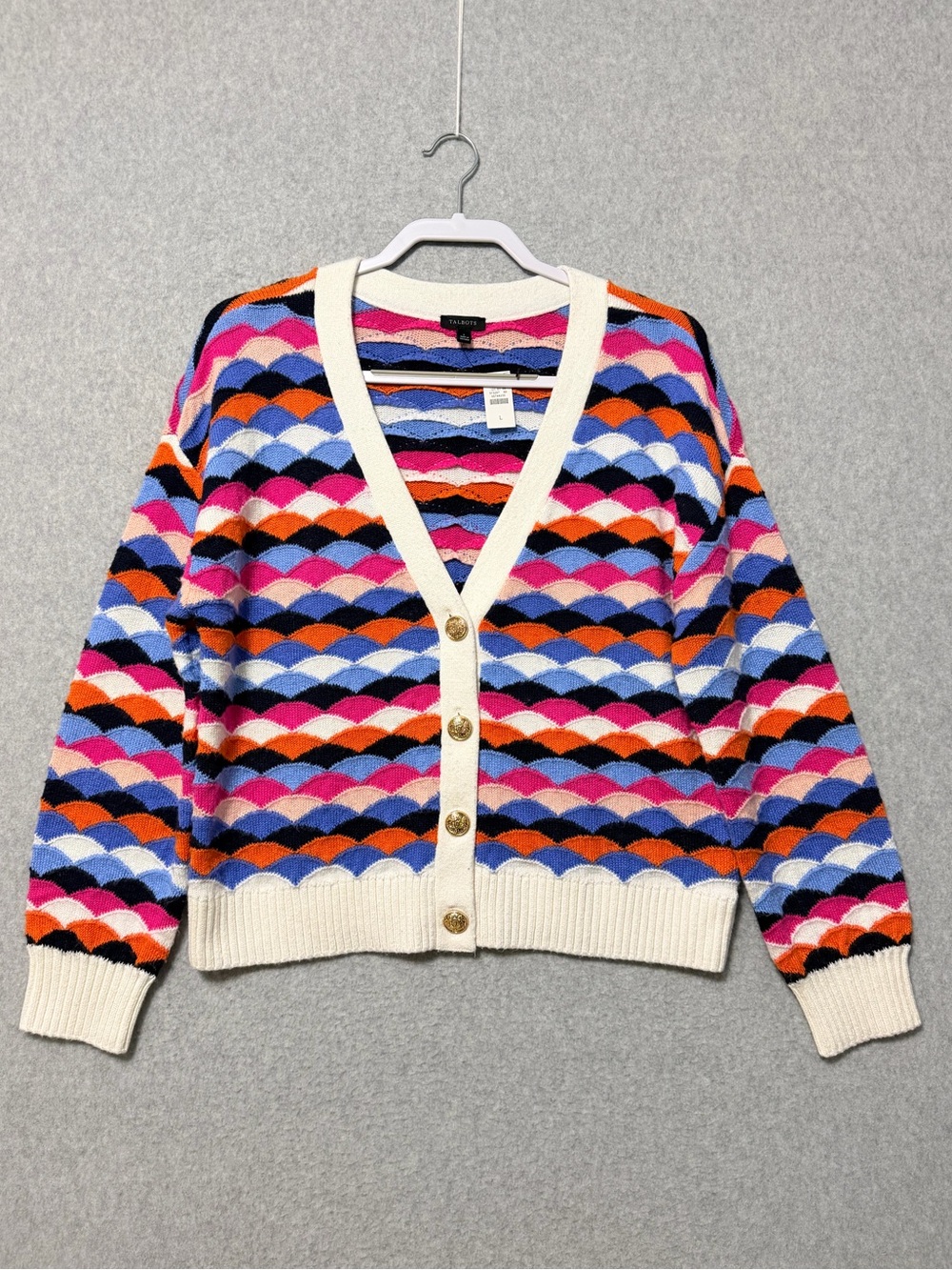 Talbots Multicolor Scallop-Stripe Cardigan NWT Size Large Button Up V-Neck